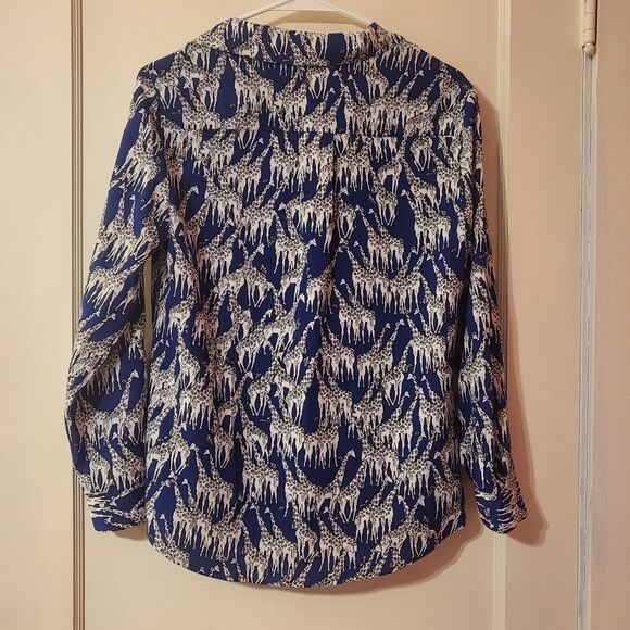 Charter Club Giraffe Print Button Down Blouse Petite Small Blue - Picture 8 of 12